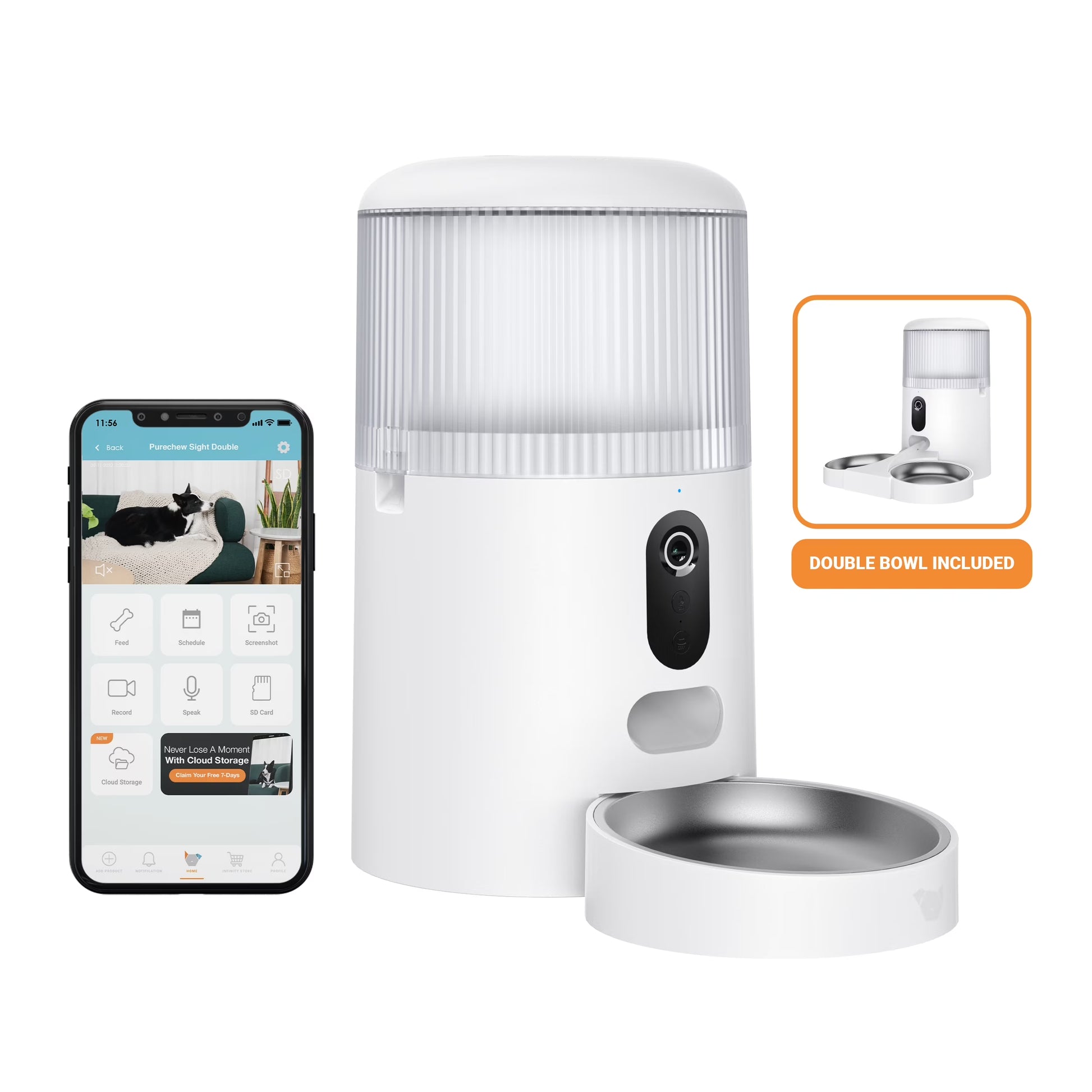 Purechew Sight Double Automatic Pet Feeder HD Camera Feeder with Double Bowls for Cats and Dogs