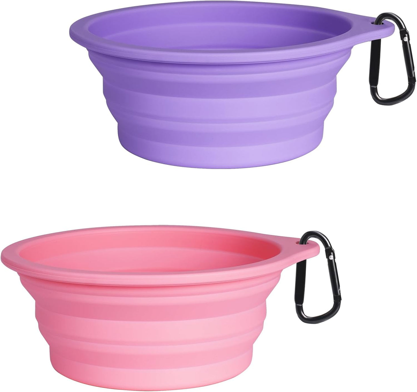 2-Pack Silicone Collapsible Dog Bowls, BPA Free Dishwasher Safe, Portable Foldable Expandable Travel Bowl, Food Water Feeding Cup Dish for Dogs Cats with 2 Carabiners (Purple, Pink)