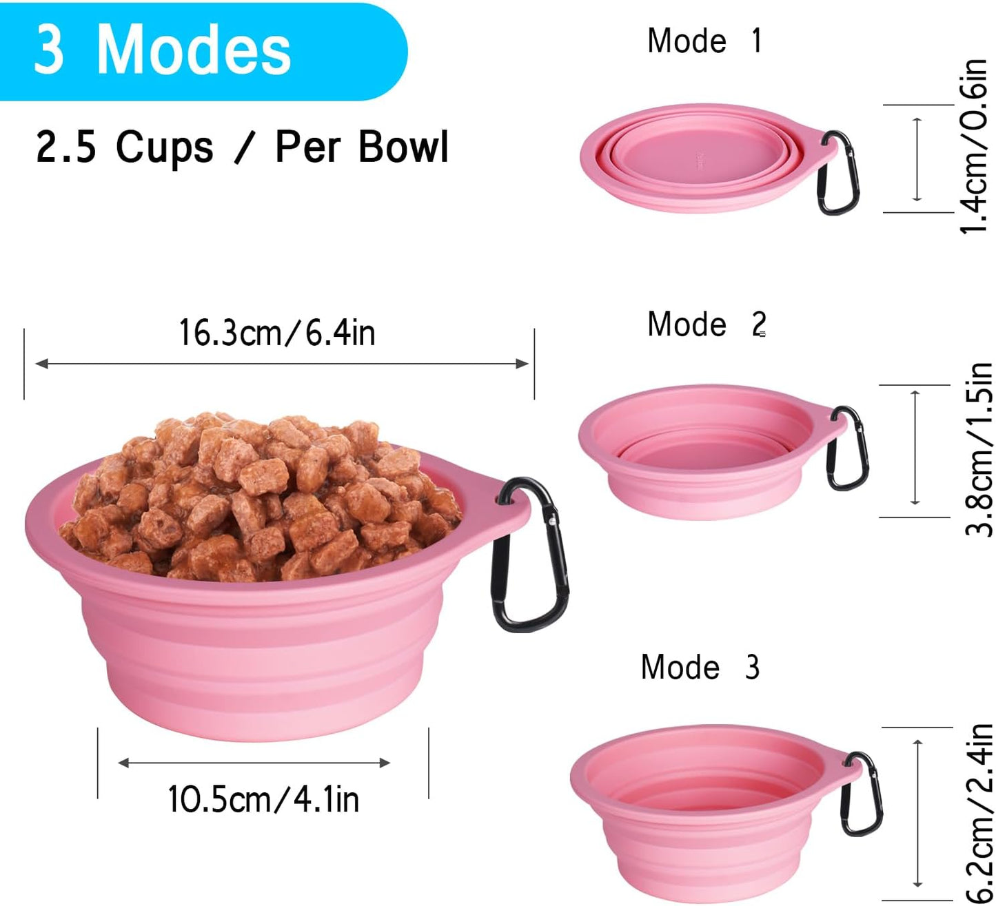 2-Pack Silicone Collapsible Dog Bowls, BPA Free Dishwasher Safe, Portable Foldable Expandable Travel Bowl, Food Water Feeding Cup Dish for Dogs Cats with 2 Carabiners (Purple, Pink)